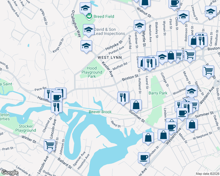 map of restaurants, bars, coffee shops, grocery stores, and more near 696 Boston Street in Lynn