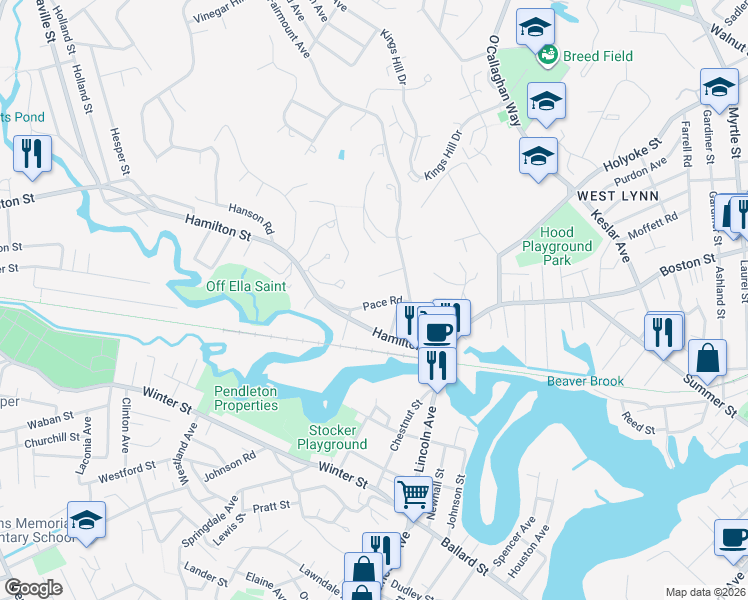 map of restaurants, bars, coffee shops, grocery stores, and more near 20 Pace Road in Saugus