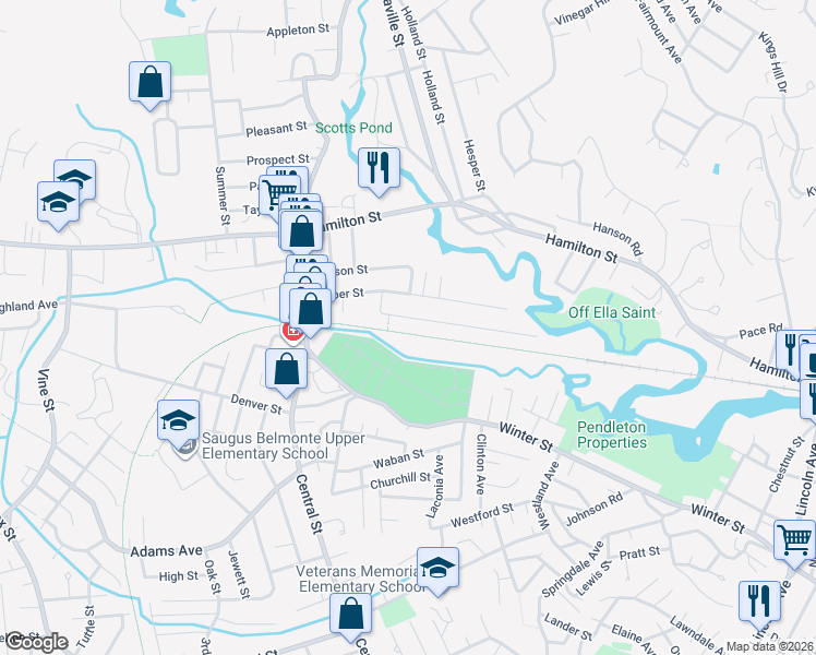 map of restaurants, bars, coffee shops, grocery stores, and more near 35 Auburn Street in Saugus