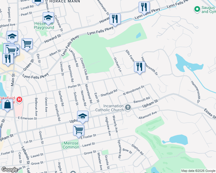 map of restaurants, bars, coffee shops, grocery stores, and more near 79 Ardsmoor Road in Melrose