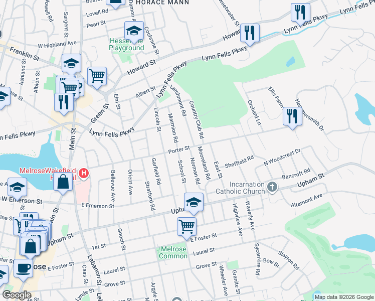 map of restaurants, bars, coffee shops, grocery stores, and more near 76 Norman Road in Melrose