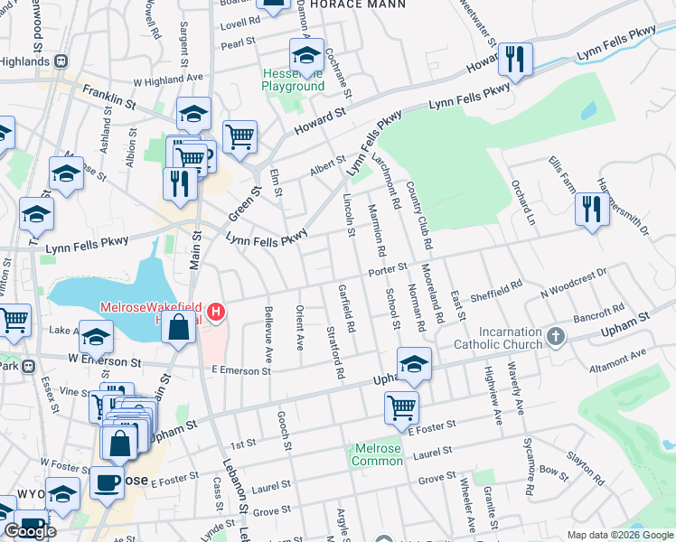 map of restaurants, bars, coffee shops, grocery stores, and more near 144 Porter Street in Melrose