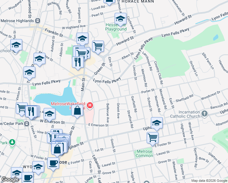 map of restaurants, bars, coffee shops, grocery stores, and more near 20 Batchelder Street in Melrose