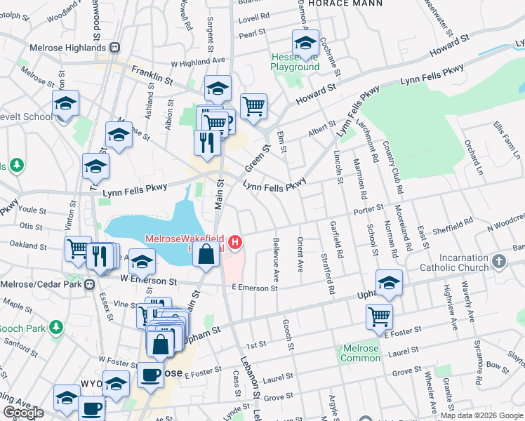 map of restaurants, bars, coffee shops, grocery stores, and more near 132 Bellevue Avenue in Melrose