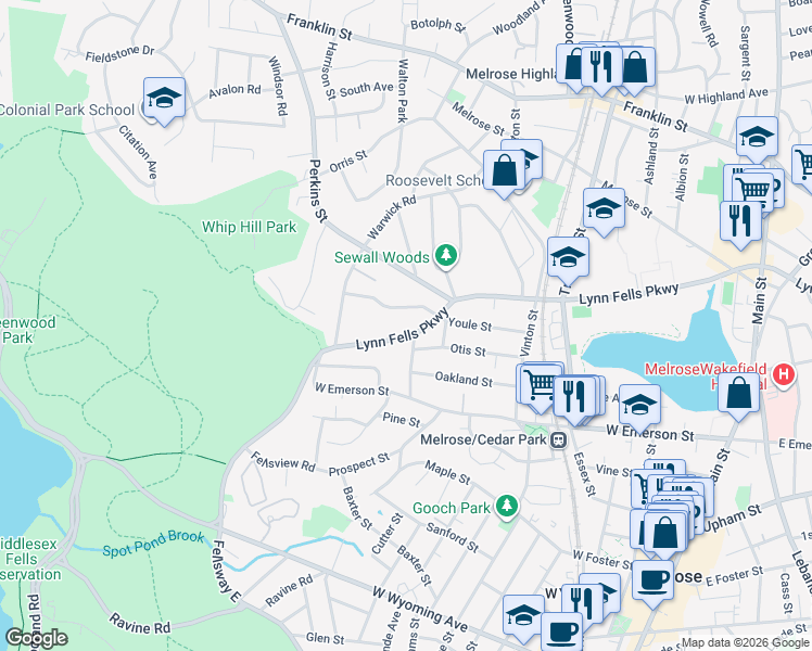 map of restaurants, bars, coffee shops, grocery stores, and more near 98 Lynn Fells Parkway in Melrose