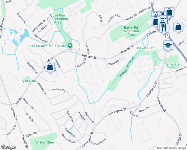 map of restaurants, bars, coffee shops, grocery stores, and more near 14 Dix Road in Woburn