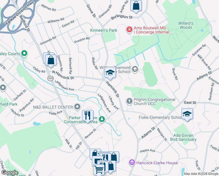 map of restaurants, bars, coffee shops, grocery stores, and more near 90B Hancock Street in Lexington