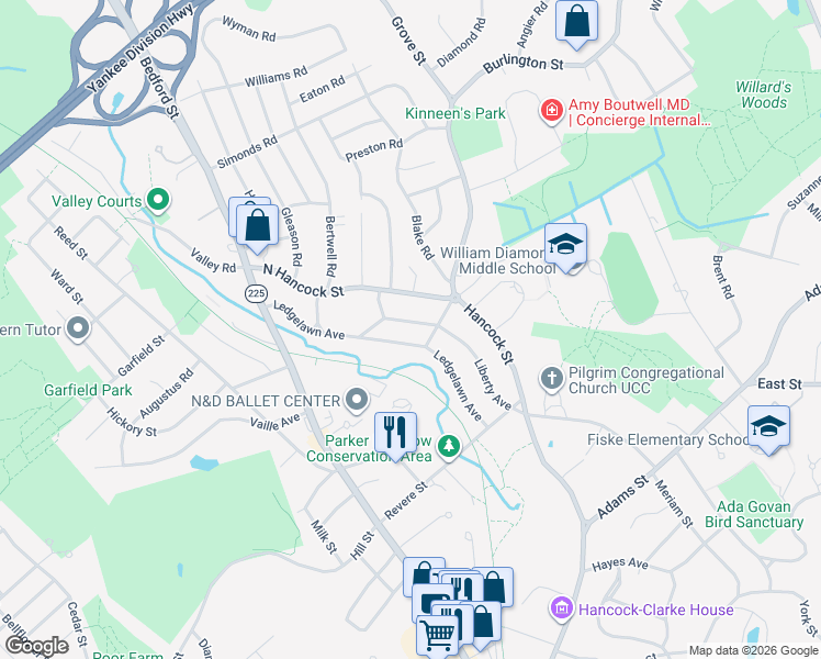 map of restaurants, bars, coffee shops, grocery stores, and more near 40 Ledgelawn Avenue in Lexington