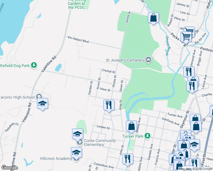 map of restaurants, bars, coffee shops, grocery stores, and more near 30 View Street in Pittsfield