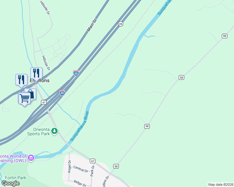 map of restaurants, bars, coffee shops, grocery stores, and more near 185 Riverview Road in Oneonta
