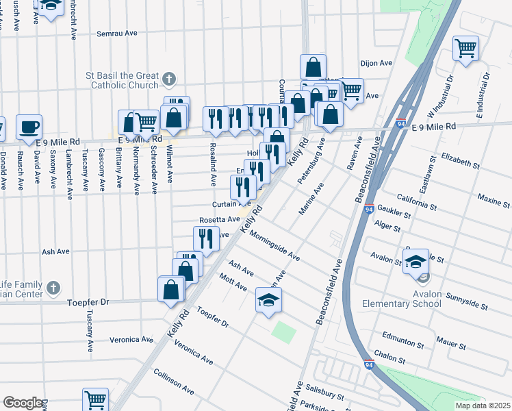 map of restaurants, bars, coffee shops, grocery stores, and more near 22237 Kelly Road in Eastpointe