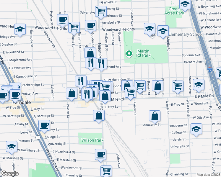 map of restaurants, bars, coffee shops, grocery stores, and more near 1206 Rosewood Street in Ferndale