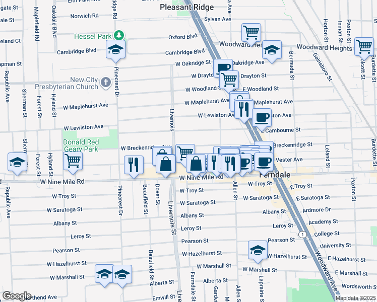 map of restaurants, bars, coffee shops, grocery stores, and more near 555 West Breckenridge Street in Ferndale
