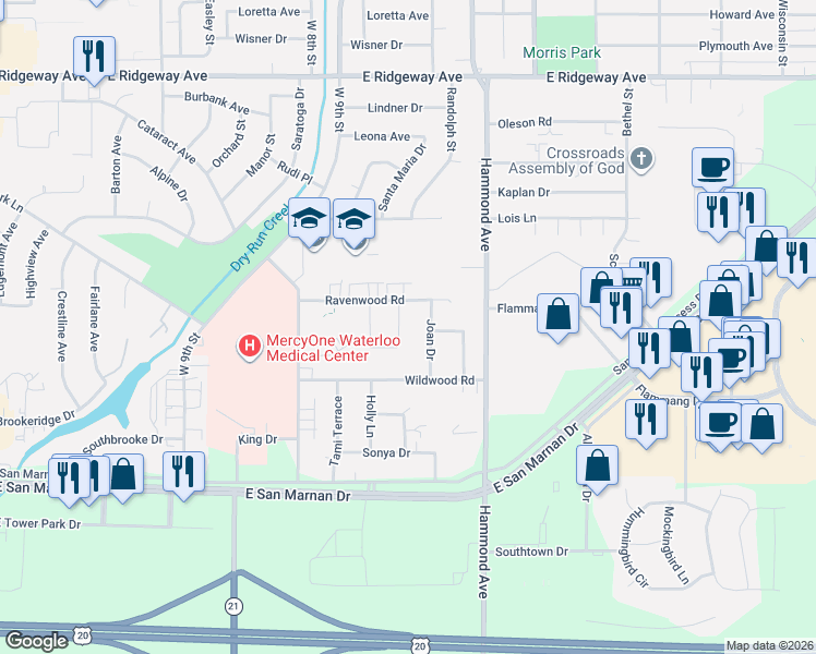 map of restaurants, bars, coffee shops, grocery stores, and more near 3630 Joan Drive in Waterloo