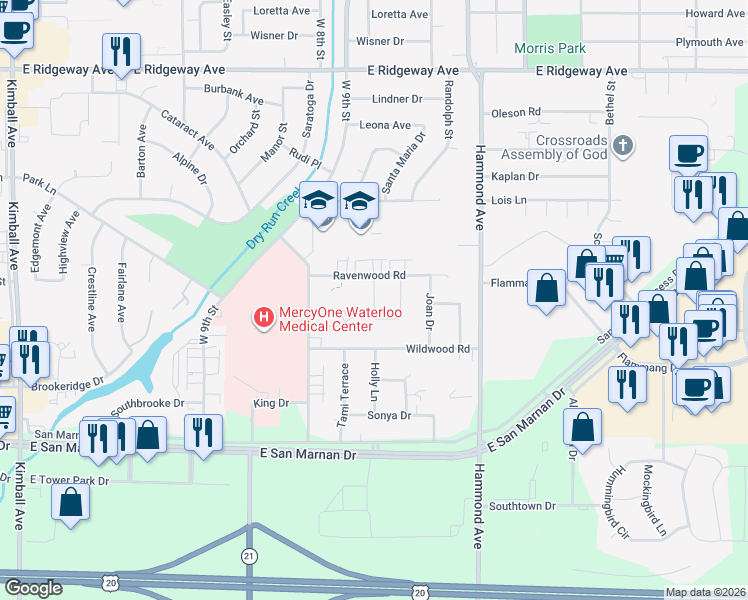 map of restaurants, bars, coffee shops, grocery stores, and more near 3602 Ravenwood Circle in Waterloo