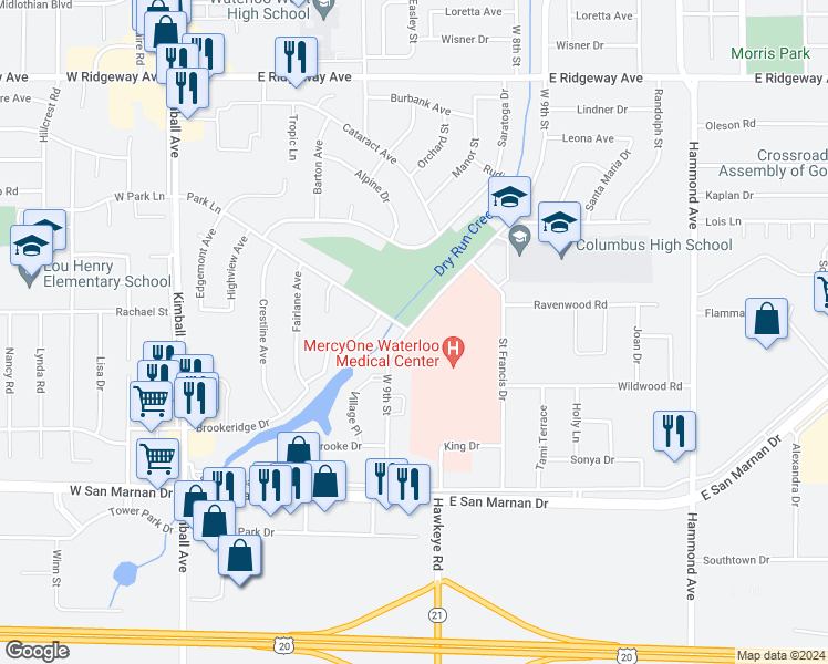 map of restaurants, bars, coffee shops, grocery stores, and more near in Waterloo