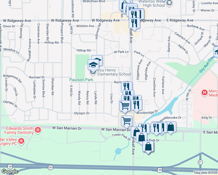 map of restaurants, bars, coffee shops, grocery stores, and more near 813 Lisa Drive in Waterloo