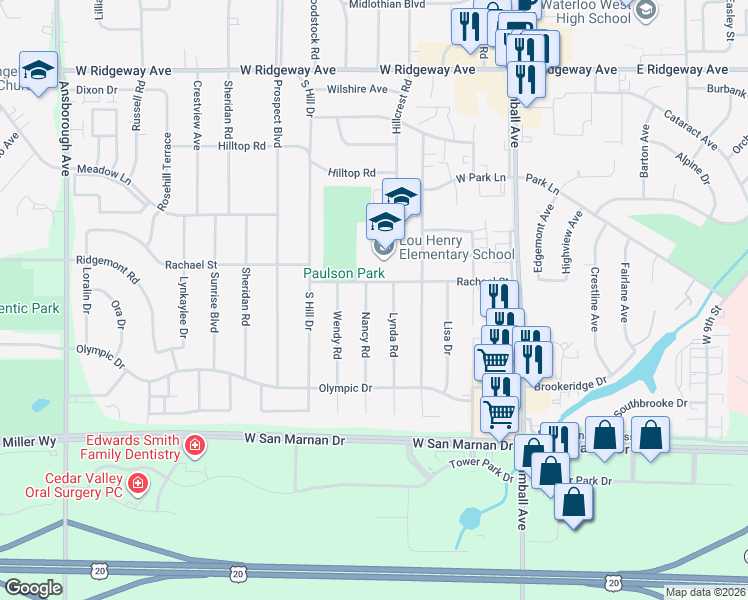 map of restaurants, bars, coffee shops, grocery stores, and more near 822 Lynda Road in Waterloo
