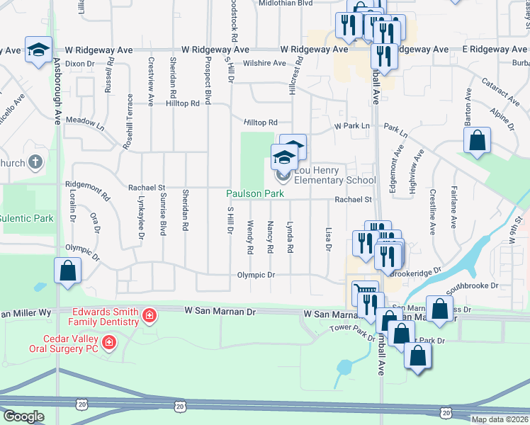 map of restaurants, bars, coffee shops, grocery stores, and more near 844 Nancy Road in Waterloo