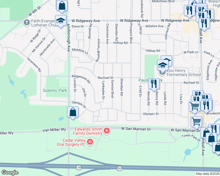 map of restaurants, bars, coffee shops, grocery stores, and more near 836 Sunrise Boulevard in Waterloo