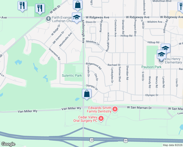 map of restaurants, bars, coffee shops, grocery stores, and more near 1137 Ora Drive in Waterloo