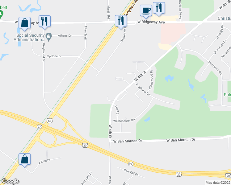 map of restaurants, bars, coffee shops, grocery stores, and more near 230 West Hills Lane in Waterloo