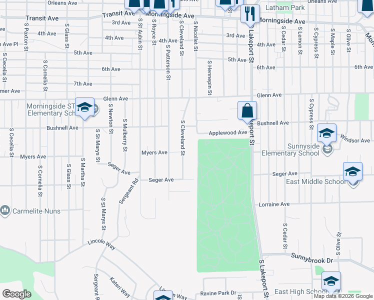 map of restaurants, bars, coffee shops, grocery stores, and more near 2637-2699 South Cleveland Street in Sioux City