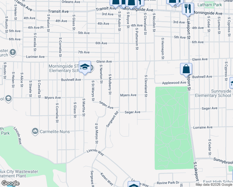 map of restaurants, bars, coffee shops, grocery stores, and more near 2634 South Mulberry Street in Sioux City