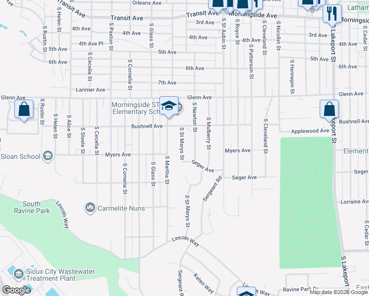map of restaurants, bars, coffee shops, grocery stores, and more near 2601-2955 S St Marys St in Sioux City