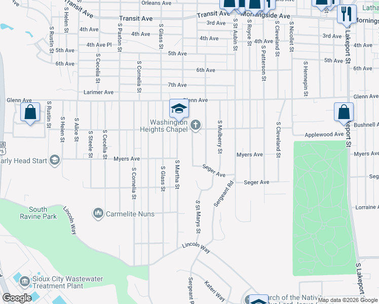 map of restaurants, bars, coffee shops, grocery stores, and more near 2601-2955 S St Marys St in Sioux City