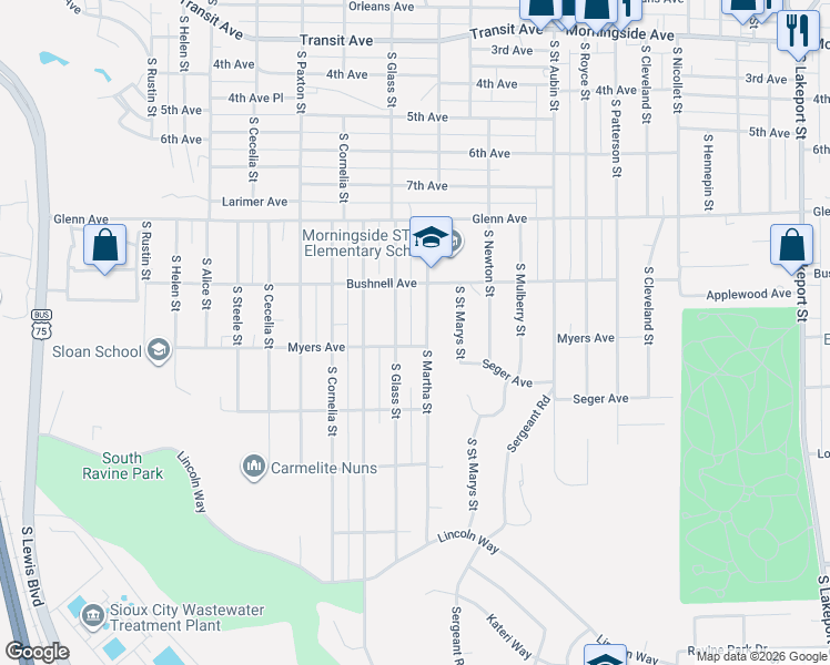 map of restaurants, bars, coffee shops, grocery stores, and more near 3551-3599 Myers Ave in Sioux City