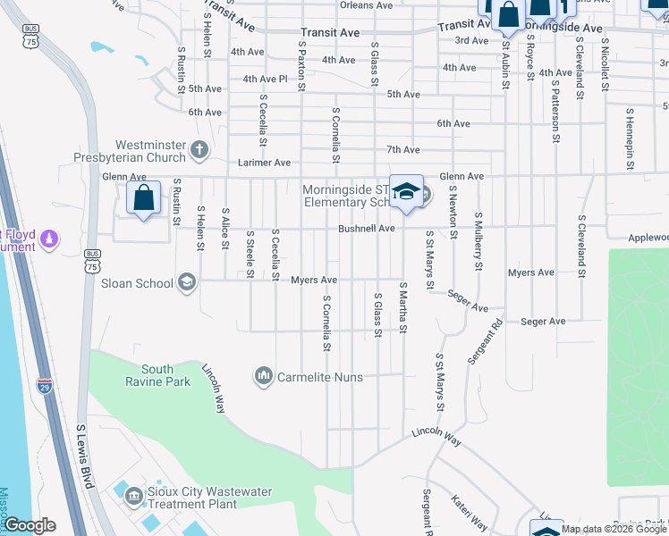 map of restaurants, bars, coffee shops, grocery stores, and more near 2600-2698 South Cornelia Street in Sioux City