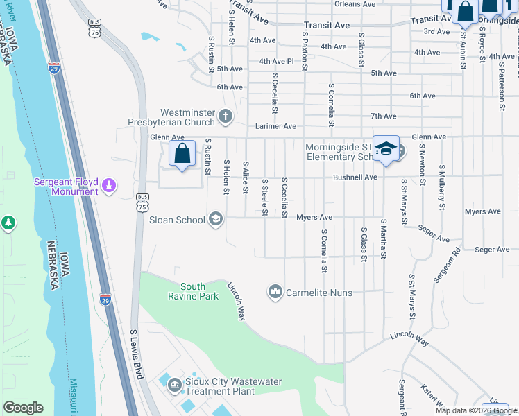 map of restaurants, bars, coffee shops, grocery stores, and more near 2632 South Alice Street in Sioux City
