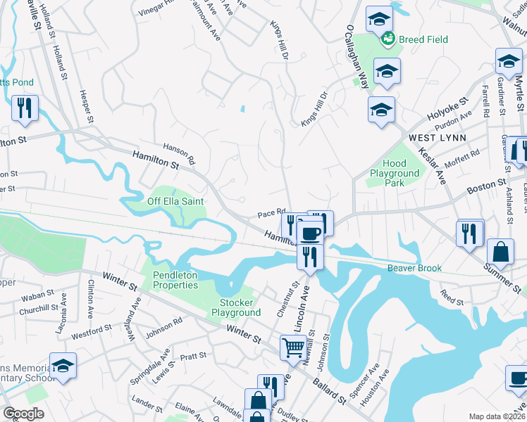 map of restaurants, bars, coffee shops, grocery stores, and more near 20 Pace Road in Saugus
