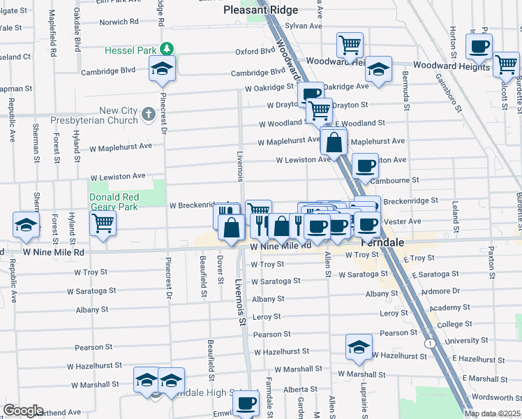 map of restaurants, bars, coffee shops, grocery stores, and more near 555 West Breckenridge Street in Ferndale