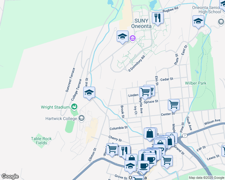 map of restaurants, bars, coffee shops, grocery stores, and more near 4 Monroe Avenue in Oneonta