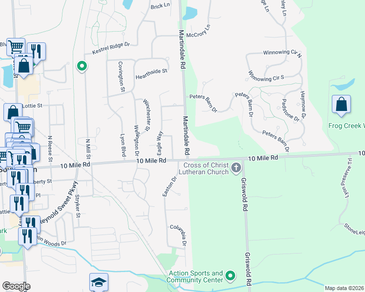map of restaurants, bars, coffee shops, grocery stores, and more near 24179 Martindale Road in South Lyon