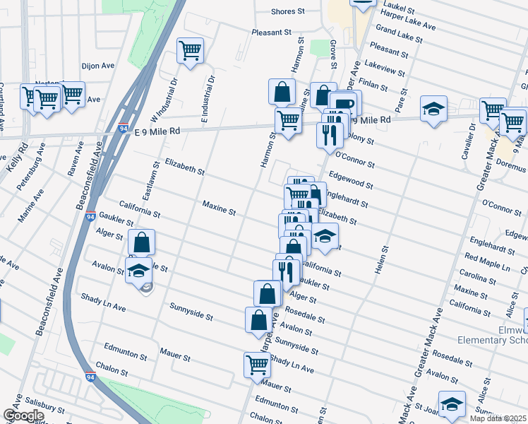 map of restaurants, bars, coffee shops, grocery stores, and more near 20521 Maxine Street in St. Clair Shores