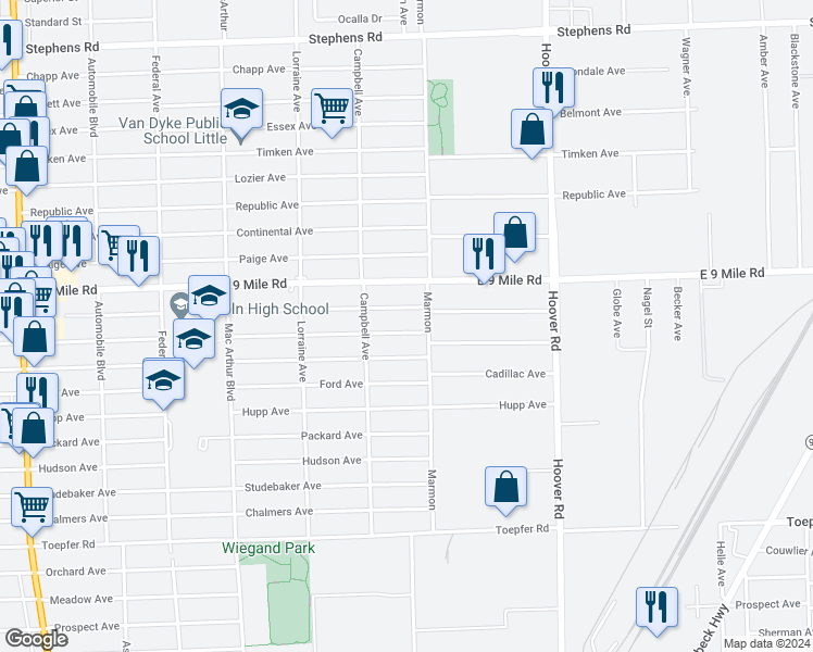 map of restaurants, bars, coffee shops, grocery stores, and more near 11289 Maxwell Ave in Warren