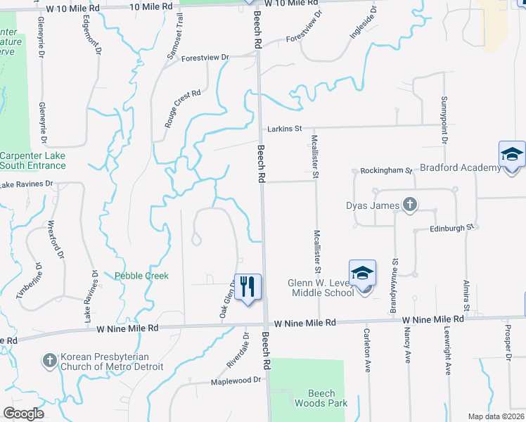 map of restaurants, bars, coffee shops, grocery stores, and more near 23640 Beech Road in Southfield