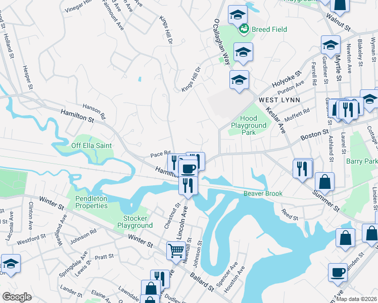 map of restaurants, bars, coffee shops, grocery stores, and more near 16 Dell Court in Lynn