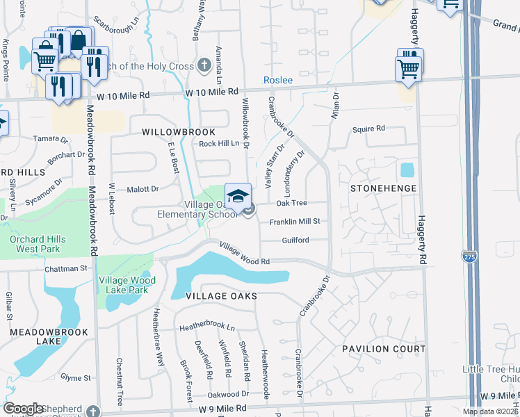 map of restaurants, bars, coffee shops, grocery stores, and more near 40455 Oak Tree in Novi
