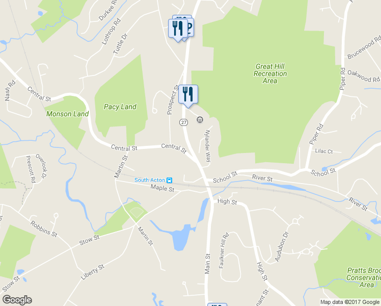 map of restaurants, bars, coffee shops, grocery stores, and more near 1A Central Street in Acton