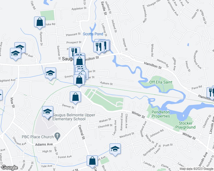 map of restaurants, bars, coffee shops, grocery stores, and more near 35 Auburn Street in Saugus