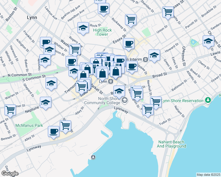 map of restaurants, bars, coffee shops, grocery stores, and more near 325 Massachusetts 1A in Lynn