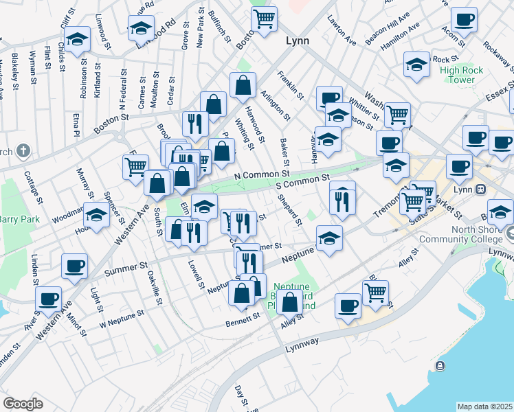 map of restaurants, bars, coffee shops, grocery stores, and more near 20 Huss Court in Lynn