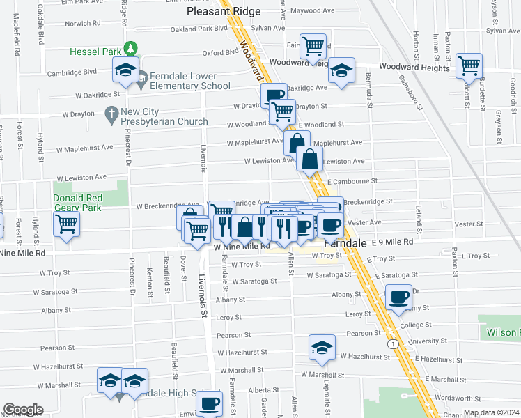 map of restaurants, bars, coffee shops, grocery stores, and more near 437 West Breckenridge Street in Ferndale