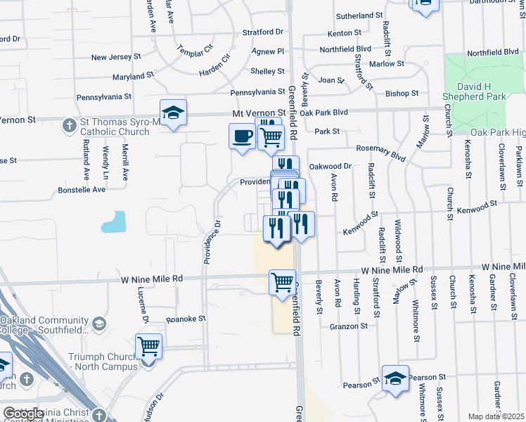 map of restaurants, bars, coffee shops, grocery stores, and more near 23377 Grayson Drive in Southfield