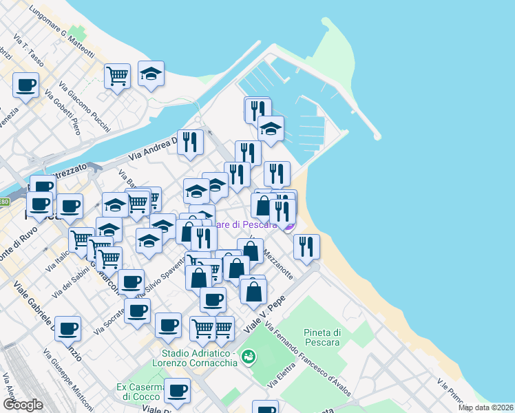 map of restaurants, bars, coffee shops, grocery stores, and more near 192 Viale Amerigo Vespucci in Pescara