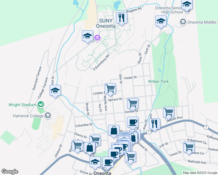 map of restaurants, bars, coffee shops, grocery stores, and more near 83 Ford Avenue in Oneonta